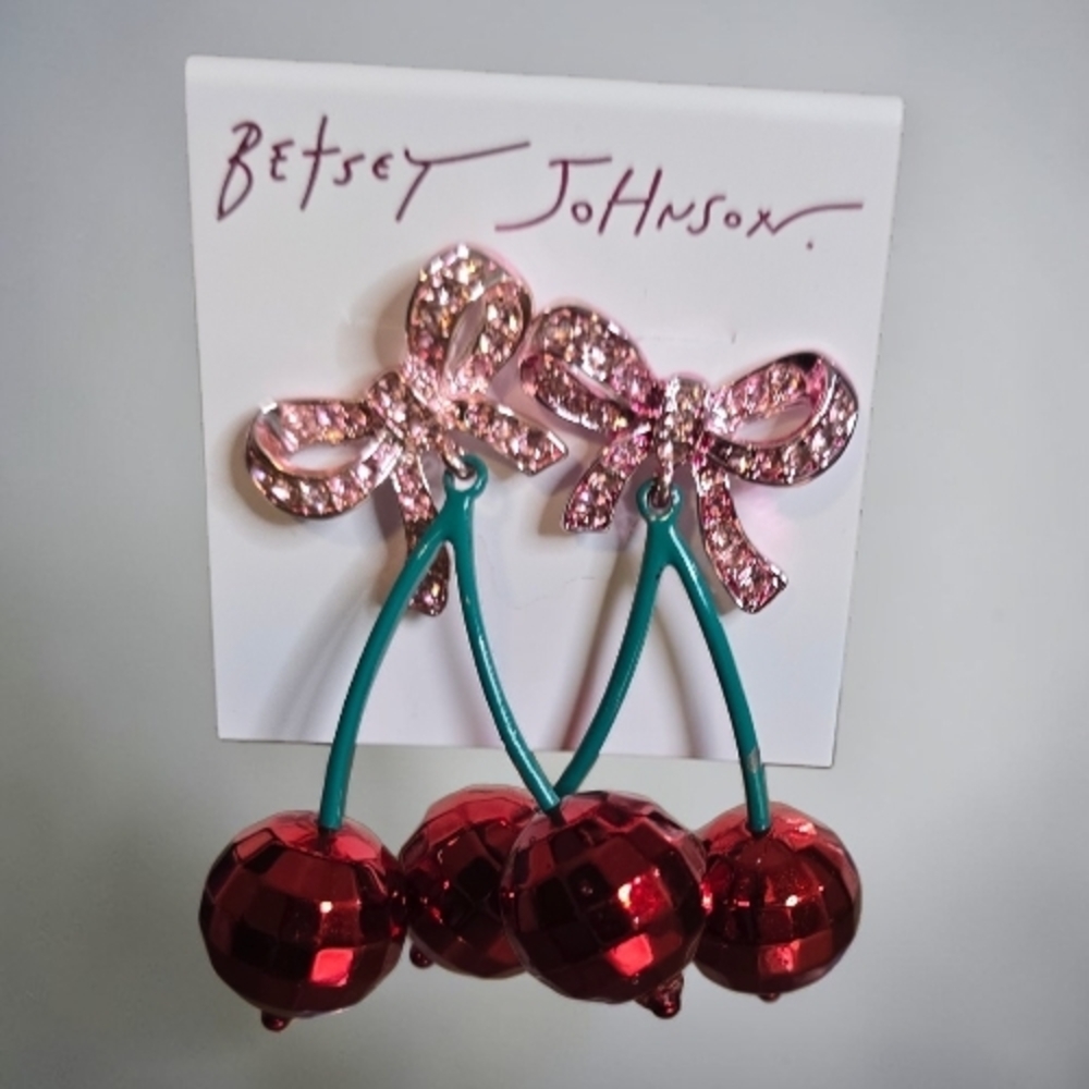Betsey Johnson Cherry Bow Drop Earrings Pink Rhinestone